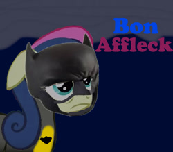 Size: 557x488 | Tagged: artist needed, safe, imported from derpibooru, bon bon, sweetie drops, batman, ben affleck, bon bon is not amused, bonpun, female, pun, solo, unamused