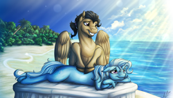 Size: 3840x2160 | Tagged: safe, artist:lupiarts, imported from derpibooru, trixie, pegasus, pony, unicorn, beach, crossover, duo, hooves, juandissimo, male, massage, ocean, prone, stallion, the fairly oddparents, unshorn fetlocks