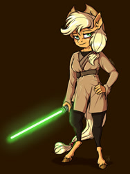 Size: 1200x1600 | Tagged: safe, artist:shimazun, imported from derpibooru, applejack, anthro, unguligrade anthro, cowboy hat, crossover, disney, female, hat, hooves, jedi, lightsaber, lucasfilm, solo, star wars, stetson, weapon