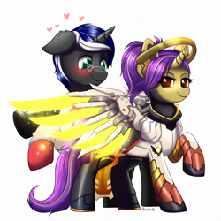 Size: 2000x2000 | Tagged: safe, artist:confetticakez, imported from derpibooru, oc, pony, unicorn, artificial wings, augmented, blushing, crossover, female, heart, male, mechanical wing, medic, medigun, mercy, oc x oc, overwatch, ponified, shipping, straight, team fortress 2, wings