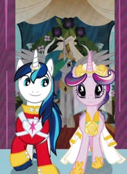 Size: 1251x1706 | Tagged: safe, imported from derpibooru, princess cadance, princess celestia, shining armor, alicorn, pony, unicorn, a canterlot wedding, clothes, dress, horn ring, wedding dress