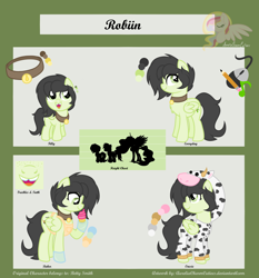 Size: 4500x4826 | Tagged: safe, artist:raspberrystudios, imported from derpibooru, oc, oc only, oc:robiin, cow, pegasus, pony, absurd resolution, baker, bell, bell collar, collar, height difference, onesie, reference sheet, solo