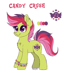 Size: 961x1050 | Tagged: safe, artist:confetticakez, imported from derpibooru, oc, oc only, oc:candy crush, earth pony, pony, female, kandi, mare, raver, reference sheet, simple background, solo, white background