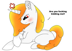 Size: 1169x826 | Tagged: safe, artist:phenioxflame, artist:steamyart, artist:tech-kitten, imported from derpibooru, oc, oc only, oc:phenioxflame, pony, unicorn, annoyed, base used, blushing, design, ear fluff, fluffy, shirt design, simple background, solo, swearing, vulgar, white background