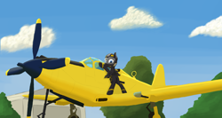 Size: 1870x994 | Tagged: safe, artist:coreboot, artist:kpvt, deleted from derpibooru, imported from derpibooru, oc, oc only, oc:cloudbreaker, original species, plane pony, pony, bell p-63 king cobra, cloud, looking at you, plane, pose, propeller, sky, solo, sr-71 blackbird, tree, wings