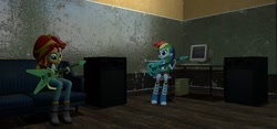 Size: 1280x600 | Tagged: safe, artist:n3onh100, imported from derpibooru, rainbow dash, sunset shimmer, equestria girls, 3d, boots, clothes, compression shorts, electric guitar, flying v, gmod, guitar, high heel boots, musical instrument, playing, skirt, skirt lift, socks, sunset shredder