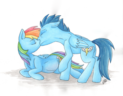 Size: 5871x4581 | Tagged: safe, artist:deadliestvenom, imported from derpibooru, rainbow dash, soarin', pony, absurd resolution, backwards cutie mark, belly, female, kissing, male, old cutie mark, preggo dash, pregnant, shipping, soarindash, straight