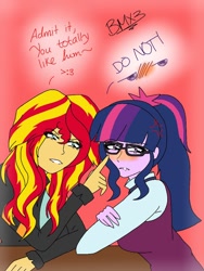 Size: 600x800 | Tagged: safe, artist:brickercupmasterx3, imported from derpibooru, sci-twi, sunset shimmer, twilight sparkle, equestria girls, blushing, female, implied flash sentry, implied flashlight, implied sciflash, male, straight