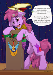 Size: 1024x1448 | Tagged: safe, artist:reptilianbirds, imported from derpibooru, berry punch, berryshine, earth pony, pony, bipedal, bipedal leaning, drunk, female, german, leaning, podium, solo, translated in the comments, watermark