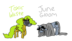 Size: 937x537 | Tagged: safe, artist:tinlizzies, imported from derpibooru, oc, oc only, oc:june gloom, oc:toxic waste, eyebrows, gas mask, mask