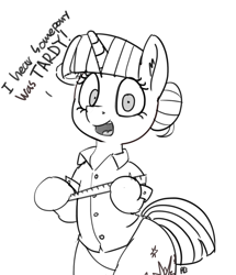 Size: 1280x1491 | Tagged: safe, artist:pabbley, imported from derpibooru, twilight sparkle, pony, alternate hairstyle, bipedal, clothes, dialogue, female, grayscale, hair bun, imminent spanking, monochrome, ruler, shirt, shrunken pupils, simple background, solo, this will end in tears, white background