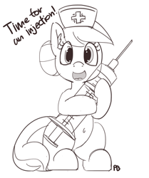 Size: 1280x1530 | Tagged: safe, artist:pabbley, imported from derpibooru, nurse redheart, pony, belly button, dialogue, female, giant syringe, looking at you, monochrome, open mouth, simple background, solo, syringe, this will end in tears, white background