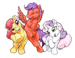 Size: 1280x985 | Tagged: safe, artist:coypowers, imported from derpibooru, apple bloom, scootaloo, sweetie belle, cutie mark crusaders, simple background, traditional art