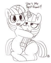 Size: 1280x1575 | Tagged: safe, artist:pabbley, imported from derpibooru, moondancer, twilight sparkle, pony, unicorn, :<, bipedal, clothes, cute, dialogue, female, filly, grayscale, horn sock, lineart, monochrome, simple background, sweater, unamused, unicorn twilight, white background, younger