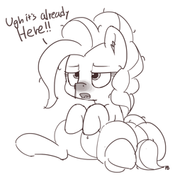 Size: 1280x1296 | Tagged: safe, artist:pabbley, imported from derpibooru, pinkie pie, pony, belly button, dialogue, female, grayscale, hay fever, lidded eyes, monochrome, red nosed, runny nose, simple background, sitting, solo, white background