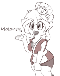 Size: 1280x1626 | Tagged: safe, artist:pabbley, imported from derpibooru, sunset shimmer, equestria girls, apron, breasts, busty sunset shimmer, clothes, compression shorts, curves, dialogue, female, hairpin, happi, japanese, monochrome, open mouth, ponied up, simple background, smiling, solo, standing, sunset sushi, toy interpretation, white background