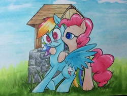 Size: 3264x2448 | Tagged: safe, artist:kittyhawk-contrail, imported from derpibooru, pinkie pie, rainbow dash, blushing, female, heart eyes, lesbian, pinkiedash, shipping, traditional art, well, wingding eyes