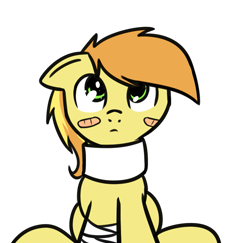 Size: 931x905 | Tagged: safe, artist:neuro, imported from derpibooru, braeburn, earth pony, pony, bandaid, cast, floppy ears, injured, looking up, male, neck brace, sitting, solo, stallion