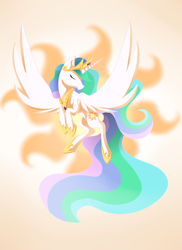 Size: 1632x2241 | Tagged: safe, artist:ellen124, imported from derpibooru, princess celestia, alicorn, pony, crown, cutie mark, cutie mark background, ethereal mane, ethereal tail, eyes closed, female, flapping, flowing mane, flowing tail, flying, hoof shoes, jewelry, mare, multicolored mane, multicolored tail, praise the sun, regalia, royalty, solo, spread wings, tiara