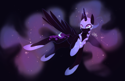 Size: 3217x2098 | Tagged: safe, artist:novabytes, imported from derpibooru, nightmare moon, alicorn, pony, armor, black background, female, flying, helmet, redraw, simple background, smiling, solo