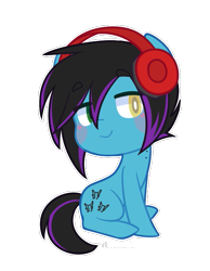 Size: 563x727 | Tagged: safe, artist:riouku, imported from derpibooru, oc, oc only, oc:despy, earth pony, pony, blushing, chibi, commission, female, headphones, heterochromia, lidded eyes, mare, simple background, sitting, smiling, solo, transparent background