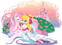 Size: 1280x939 | Tagged: safe, artist:sakuyamon, imported from derpibooru, megan williams, sundance, human, bridle, bush, contest, contest entry, dream castle, duo, flower, g1, rose, simple background, stars, tack, transparent background