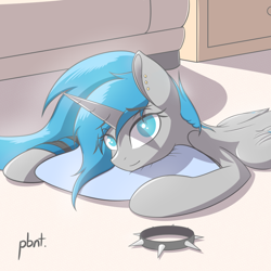 Size: 1280x1280 | Tagged: safe, artist:plebenant, imported from derpibooru, oc, oc only, alicorn, pony, alicorn oc, choker, pillow, solo, spiked choker