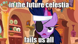 Size: 1280x720 | Tagged: safe, edit, edited screencap, imported from derpibooru, screencap, twilight sparkle, pony, unicorn, eyepatch, female, future twilight, image macro, in the future, mare, meme, solo, unamused