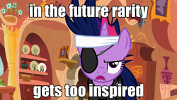 Size: 1280x720 | Tagged: safe, edit, edited screencap, imported from derpibooru, screencap, twilight sparkle, pony, unicorn, eyepatch, female, future twilight, image macro, in the future, mare, meme, solo, unamused