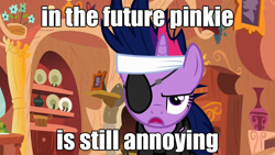 Size: 1280x720 | Tagged: safe, edit, edited screencap, imported from derpibooru, screencap, twilight sparkle, pony, unicorn, eyepatch, female, future twilight, image macro, mare, meme, solo, unamused