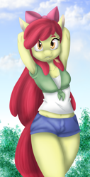 Size: 3000x5926 | Tagged: safe, artist:ambris, artist:kurausuki, color edit, edit, imported from derpibooru, apple bloom, anthro, earth pony, absurd resolution, arm behind head, armpits, belly button, bow, breasts, clothes, colored, female, hair bow, looking at you, midriff, older, open mouth, shirt, shorts, smiling, solo, straw in mouth