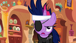 Size: 1280x720 | Tagged: safe, imported from derpibooru, screencap, twilight sparkle, pony, unicorn, it's about time, season 2, eyepatch, female, future twilight, in the future, mare, meme, meme origin, solo, template, unamused