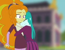 Size: 3300x2550 | Tagged: safe, artist:feroxultrus, imported from derpibooru, adagio dazzle, cold forecast, equestria girls, friendship games, background human, canterlot high, clothes, crystal prep academy uniform, family reunion, fanfic, fanfic art, happy, hug, school uniform, story included, surprised