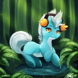 Size: 3000x3000 | Tagged: safe, artist:bean-sprouts, imported from derpibooru, mudkip, pony, crossover, headphones, looking at you, pokémon, ponified, solo