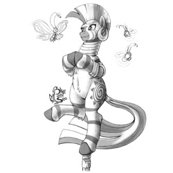 Size: 1000x1000 | Tagged: safe, artist:blue-paint-sea, imported from derpibooru, zecora, parasprite, zebra, balancing, bamboo, monochrome