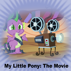 Size: 819x819 | Tagged: safe, artist:texasuberalles, edit, imported from derpibooru, screencap, spike, dragon, derpibooru, my little pony: the movie, film, male, meta, projector, shrug, solo, spoilered image joke