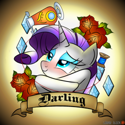 Size: 1500x1500 | Tagged: safe, artist:lennonblack, imported from derpibooru, rarity, blackletter, blushing, bust, cutie mark, darling, female, flower, old banner, patreon, patreon logo, sewing machine, solo, spool, tattoo design