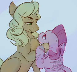 Size: 1800x1700 | Tagged: safe, artist:lxxjunebugxxl, imported from derpibooru, applejack, pinkie pie, alternate universe, applepie, female, lesbian, looking at each other, pinkamena diane pie, scar, shipping