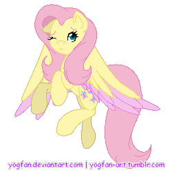 Size: 500x500 | Tagged: safe, artist:yogfan, imported from derpibooru, fluttershy, colored wings, colored wingtips, female, flying, one eye closed, pixel art, simple background, solo, transparent background, wink