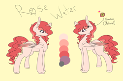 Size: 1997x1325 | Tagged: safe, artist:cyrinthia, imported from derpibooru, oc, oc only, oc:rose water, pegasus, pony, female, flower, mare, reference sheet, simple background, solo