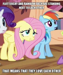 Size: 372x438 | Tagged: safe, edit, edited screencap, imported from derpibooru, screencap, fluttershy, rainbow dash, rarity, pegasus, pony, unicorn, image macro, insane troll logic, meme, needs more jpeg, observation, ponies standing next to each other, shipper logic