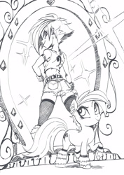 Size: 2480x3508 | Tagged: safe, artist:paradoxbroken, imported from derpibooru, oc, oc only, oc:onyxia melody, pony, equestria girls, ass, butt, clothes, equestria girls-ified, grayscale, lineart, magic mirror, midriff, monochrome, raised hoof, solo