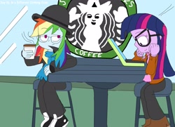 Size: 3543x2562 | Tagged: safe, artist:rainbowyoshi305, imported from derpibooru, rainbow dash, twilight sparkle, human, equestria girls, 30 day otp challenge, bowler hat, clothes, computer, glasses, hat, hipster, laptop computer, scarf, shipping, starbucks, twidash