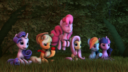 Size: 1024x576 | Tagged: safe, artist:mythicspeed, deleted from derpibooru, imported from derpibooru, applejack, fluttershy, pinkie pie, rainbow dash, rarity, twilight sparkle, alicorn, pony, 3d, apple, food, grass, mane six, pronking, sitting, smiling, source filmmaker, twilight sparkle (alicorn)