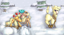 Size: 6363x3515 | Tagged: safe, artist:firefanatic, imported from derpibooru, applejack, paprika paca, velvet reindeer, alpaca, deer, reindeer, them's fightin' herds, absurd resolution, circling stars, community related, dizzy, fluffy, missing accessory, paprika (tfh), rope, scowl, velvet (tfh)