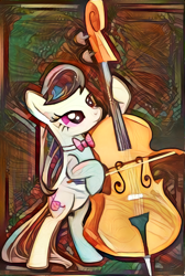 Size: 838x1244 | Tagged: safe, artist:equmoria, artist:sparkiss-pony, edit, imported from derpibooru, octavia melody, bow (instrument), cello, cello bow, deepdream, dreamscope, female, musical instrument, solo