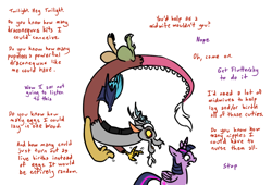 Size: 1114x758 | Tagged: safe, artist:salvicorn, imported from derpibooru, discord, twilight sparkle, alicorn, draconequus, pony, implied pregnancy, twilight sparkle (alicorn), uncomfortable