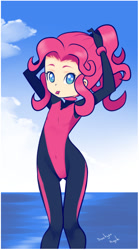 Size: 600x1080 | Tagged: safe, artist:drantyno, imported from derpibooru, pinkie pie, human, breasts, colored pupils, delicious flat chest, diving suit, female, humanized, ocean, solo, wetsuit