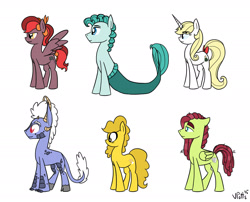 Size: 2656x2142 | Tagged: safe, artist:torusthescribe, imported from derpibooru, oc, oc only, oc:apple spice, oc:beauregard, oc:candlewick, oc:golden fantasy, oc:mozart, oc:rainbow dust, earth pony, hybrid, merpony, pegasus, pony, sea pony, unicorn, earth pony oc, female, group, high res, horn, interspecies offspring, magical lesbian spawn, male, mare, offspring, parent:applejack, parent:discord, parent:fluttershy, parent:lightning dust, parent:oc:fallen star, parent:pinkie pie, parent:pokey pierce, parent:prince blueblood, parent:rainbow dash, parent:rarity, parent:tree hugger, parent:twilight sparkle, parents:bluejack, parents:canon x oc, parents:discolight, parents:flutterhugger, parents:pokeypie, parents:rainbowdust, pegasus oc, signature, simple background, stallion, unicorn oc, white background, wings