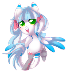 Size: 3812x4144 | Tagged: safe, artist:sorasku, imported from derpibooru, oc, oc only, original species, pony, shark pony, absurd resolution, bipedal, bow, clothes, colored pupils, female, hair bow, mare, simple background, smiling, socks, solo, transparent background